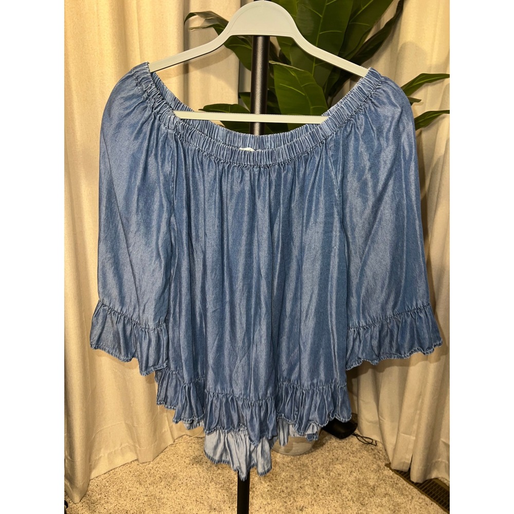 Jane and Delancey Blue Chambray Off the Shoulder Ruffle High Low Blouse Top